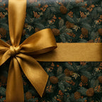Luxury pinecone Christmas gift wrap with a gold ribbon. Elegant holiday wrapping paper by Wrapped Studios.
