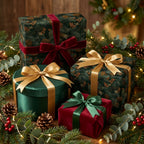 Luxury botanical Christmas wrapping paper and velvet ribbons on holiday gifts by Wrapped Studios.