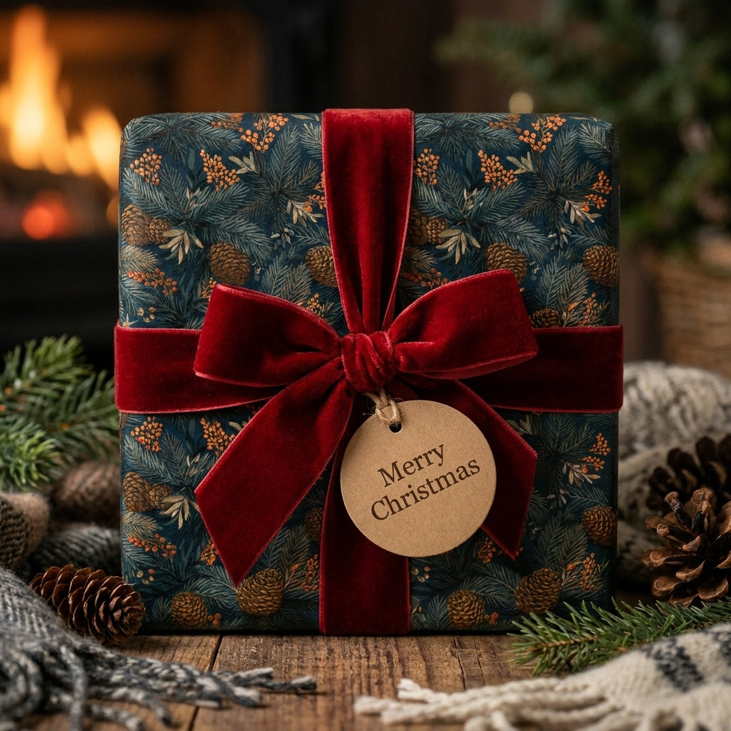 Elegant Christmas wrapping paper with pinecone pattern and red velvet bow by Wrapped Studios.