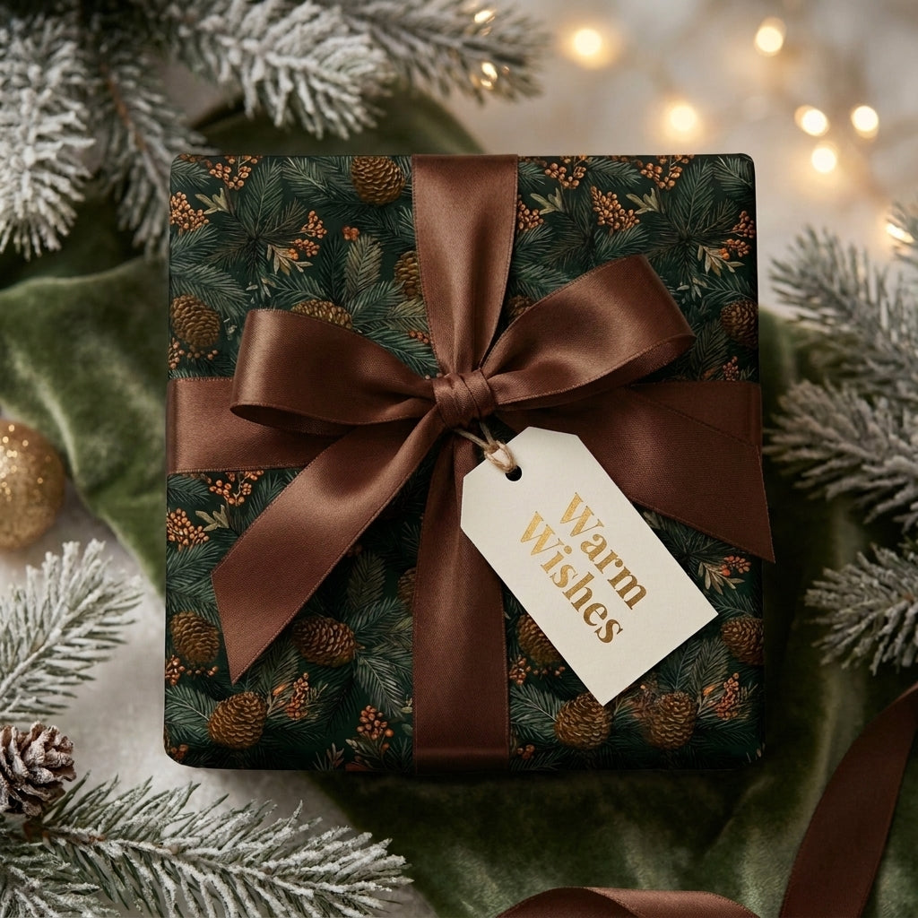 Rustic pinecone Christmas wrapping paper with a brown satin bow by Wrapped Studios.
