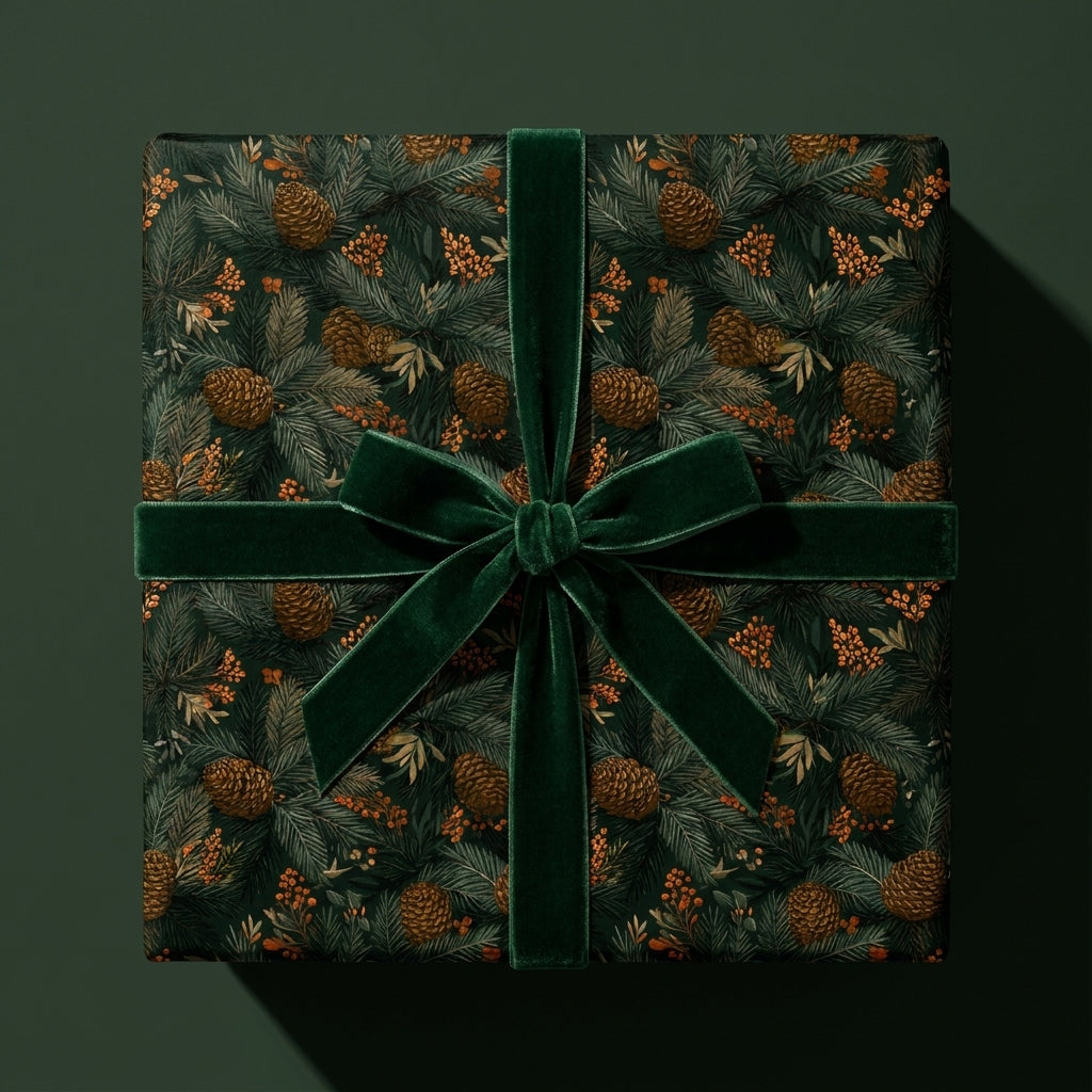 Luxury pinecone holiday wrapping paper with a dark green velvet bow by Wrapped Studios.