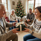 Family exchanging a gift wrapped in luxury pinecone Christmas wrapping paper by Wrapped Studios.