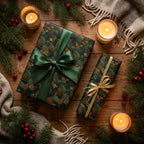 Luxury forest green Christmas wrapping paper with pinecones and satin bows by Wrapped Studios.