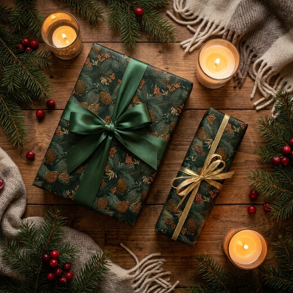 Luxury forest green Christmas wrapping paper with pinecones and satin bows by Wrapped Studios.
