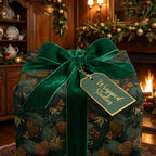Wrapped Studios luxury Christmas wrapping paper with a pinecone pattern and green velvet bow.