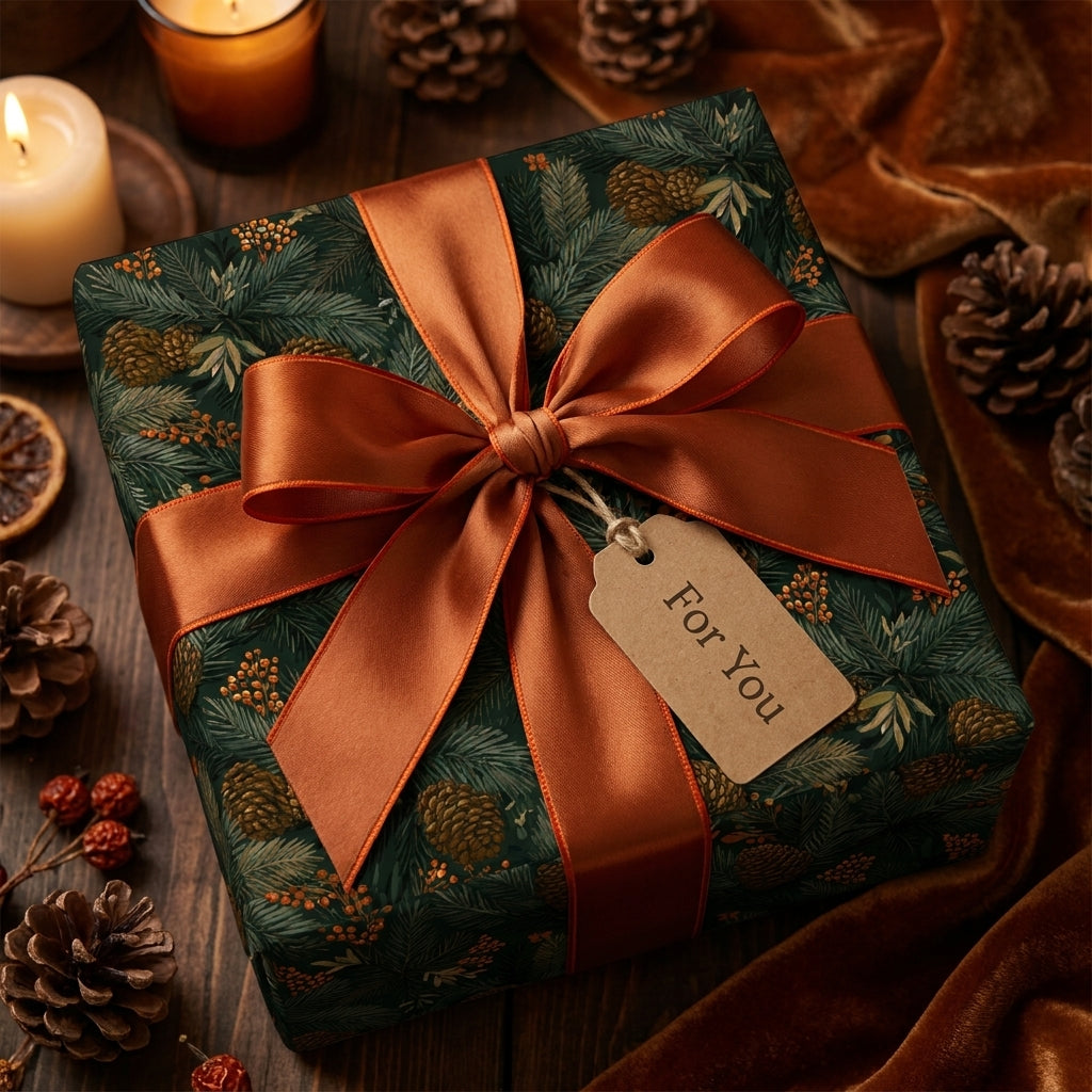 Luxury botanical Christmas wrapping paper with a rust satin bow by Wrapped Studios.