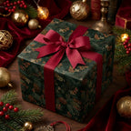 Luxury Christmas wrapping paper with pine cone pattern and red ribbon bow by Wrapped Studios.