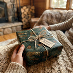 Cozy rustic Christmas wrapping paper with a pinecone pattern and twine, by Wrapped Studios.