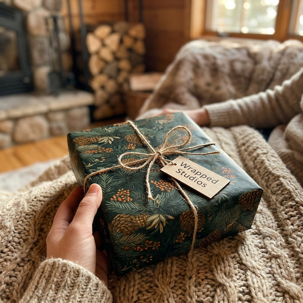 Cozy rustic Christmas wrapping paper with a pinecone pattern and twine, by Wrapped Studios.