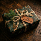 Rustic woodland Christmas wrapping paper with pinecones, twine, and No Peeking tag by Wrapped Studios.