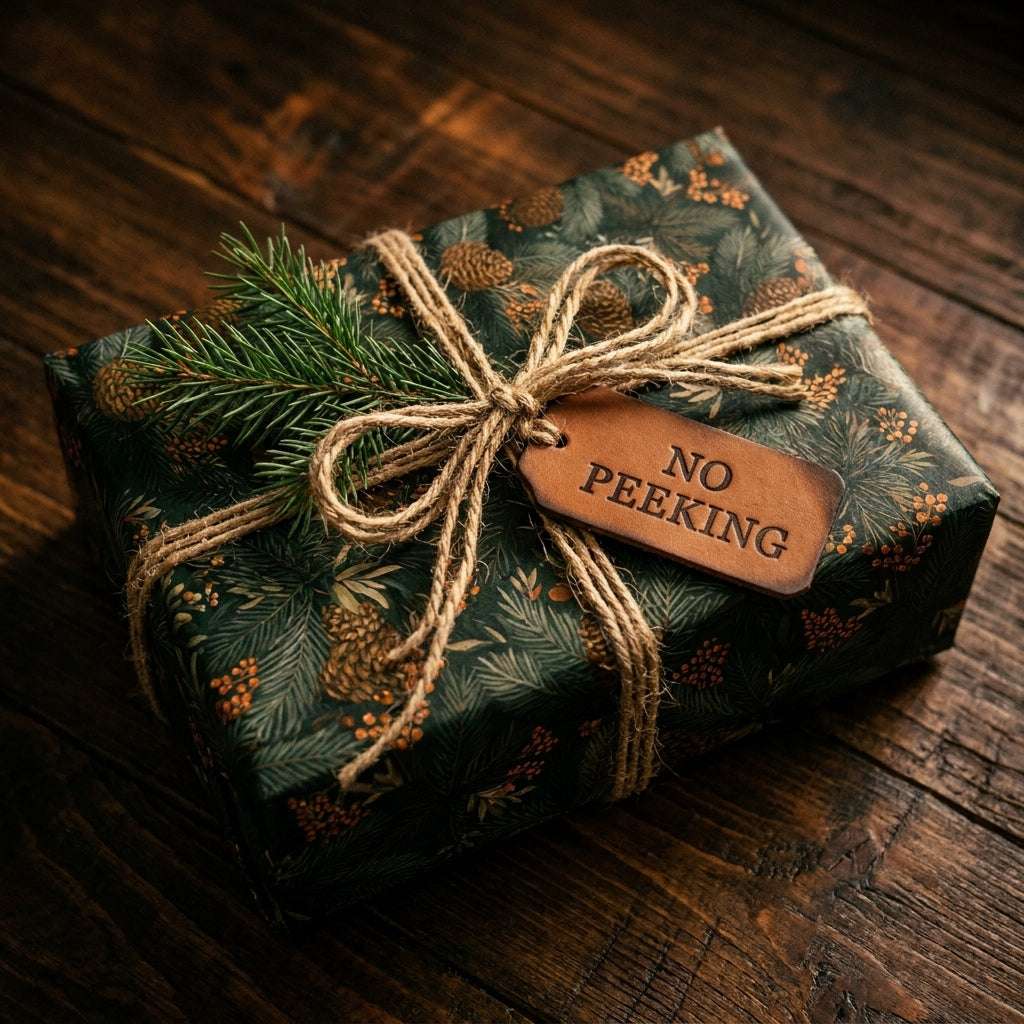 Rustic woodland Christmas wrapping paper with pinecones, twine, and No Peeking tag by Wrapped Studios.