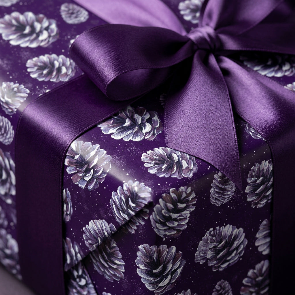 Elegant purple gift wrap with pinecone pattern and matching satin bow.