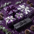 Luxury gift wrap. Purple presents with silver ribbons and pinecone print from Wrapped Studios.