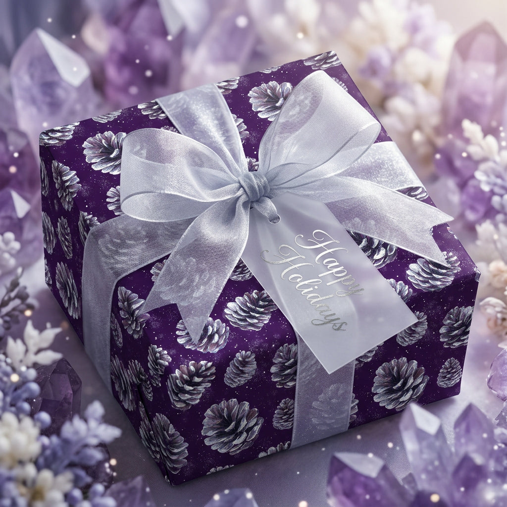 Elegant Christmas gift wrapped in purple pinecone paper with a silver ribbon bow.