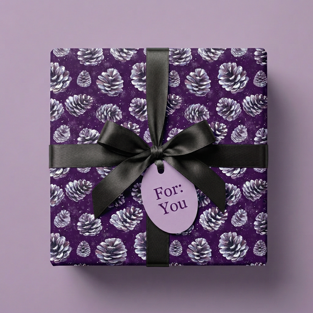 Luxury Christmas gift wrap. Purple paper with pine cone pattern tied with a black satin ribbon and gift tag.