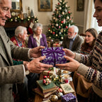 Family exchanging a gift wrapped in purple pinecone Christmas wrapping paper with velvet ribbon.
