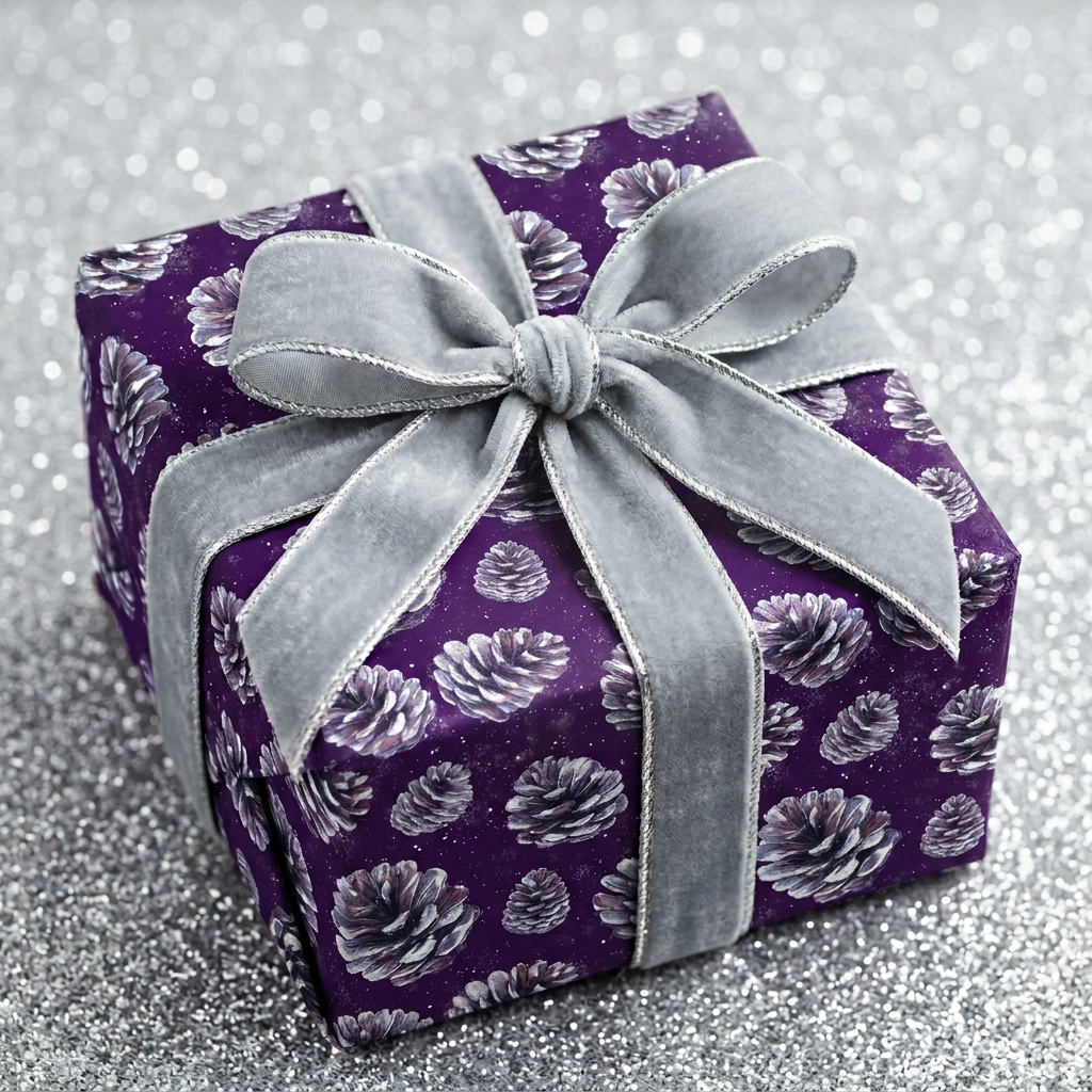 Elegant plum Christmas gift wrap with silver velvet ribbon and pinecone pattern.