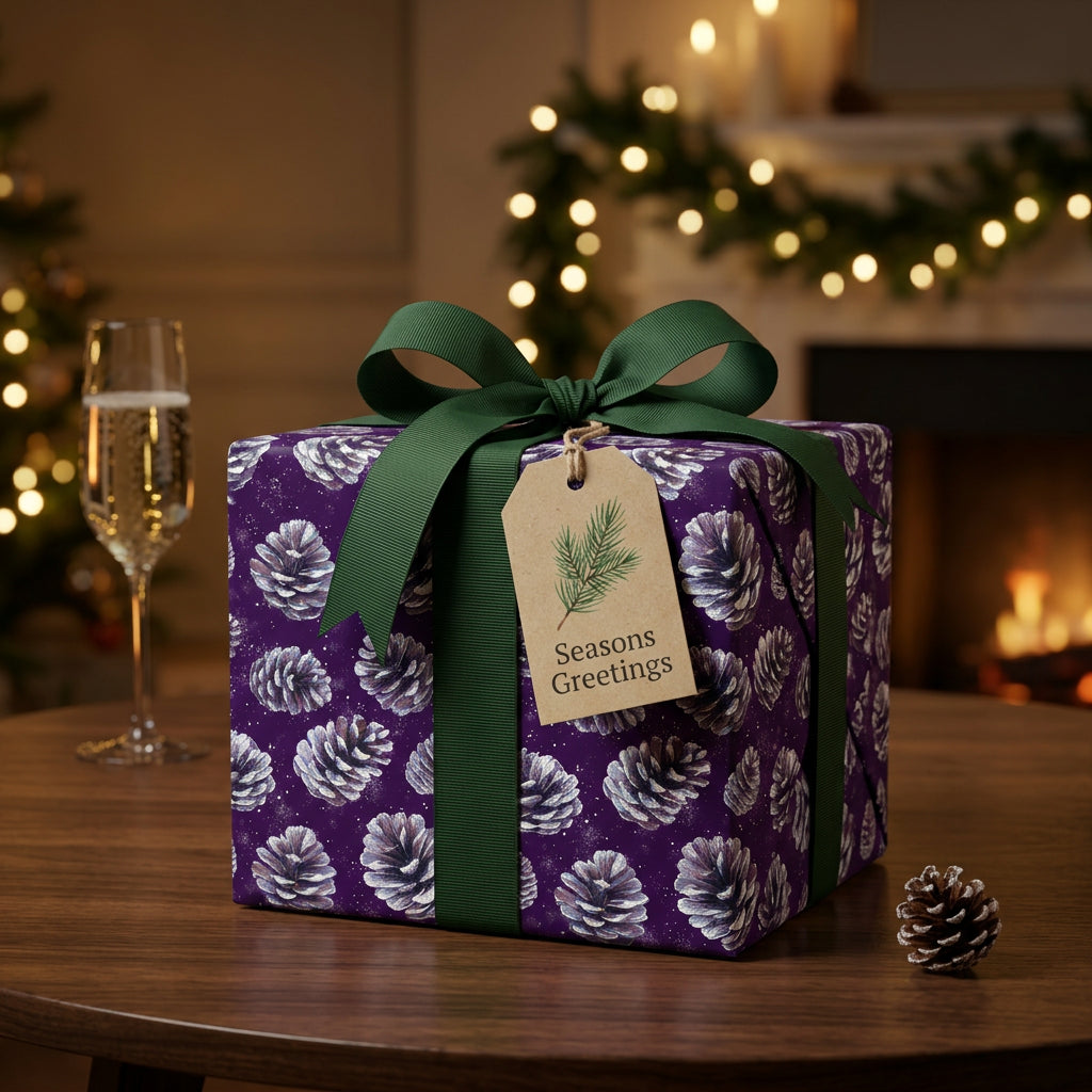 Luxury gift wrapped in purple pinecone Christmas wrapping paper with green ribbon.