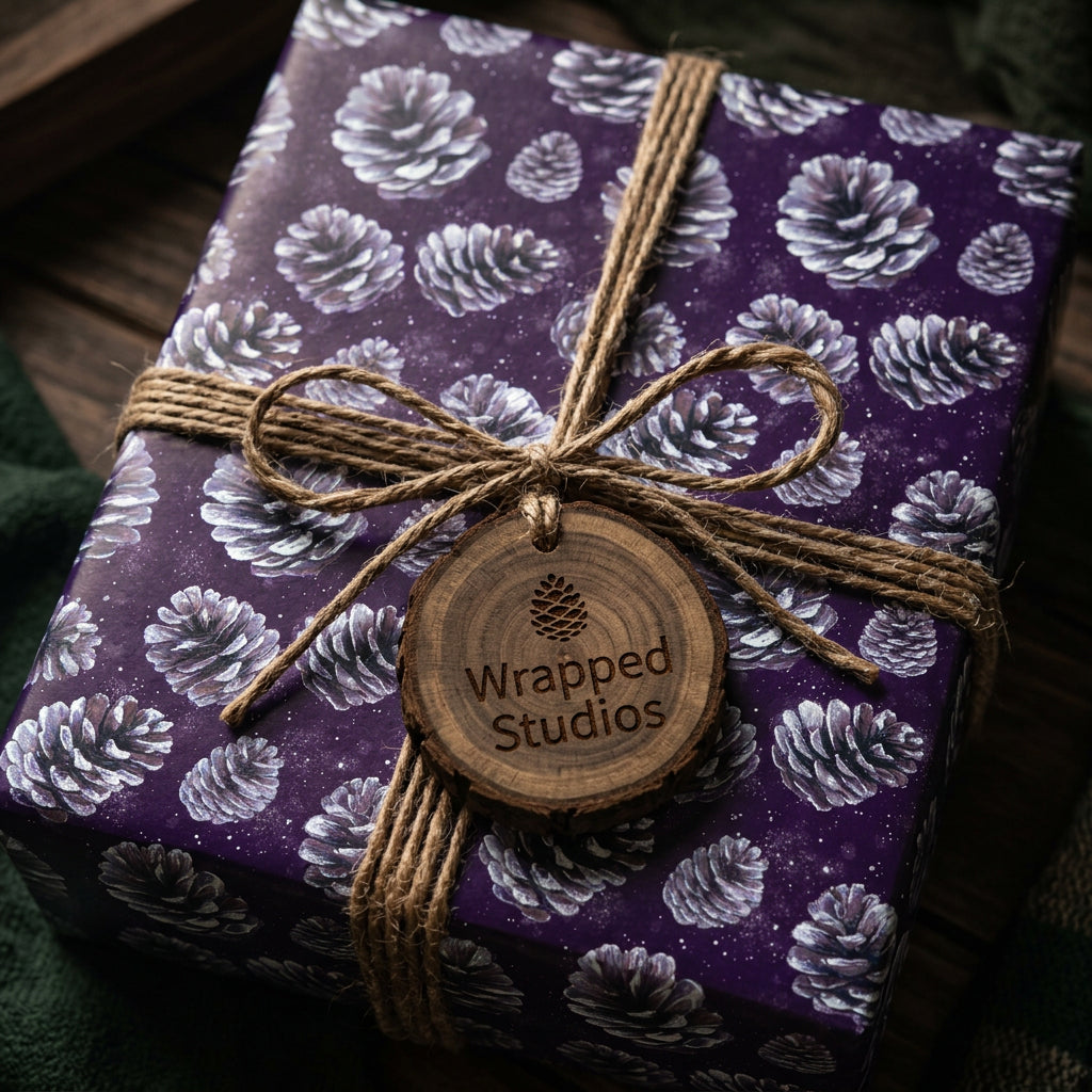 Elegant purple Christmas gift wrap with pinecone pattern and rustic twine bow by Wrapped Studios.
