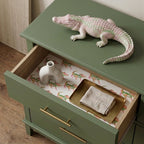 Whimsical pink and green alligator wrapping paper used as a drawer liner by Wrapped Studios.