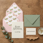 Alligator baby shower invitation set with cute patterned envelopes by Wrapped Studios.