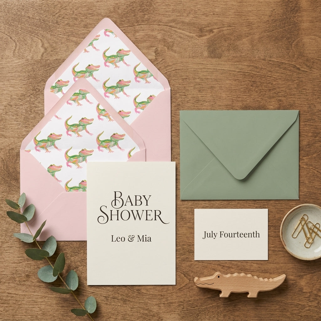 Alligator baby shower invitation set with cute patterned envelopes by Wrapped Studios.