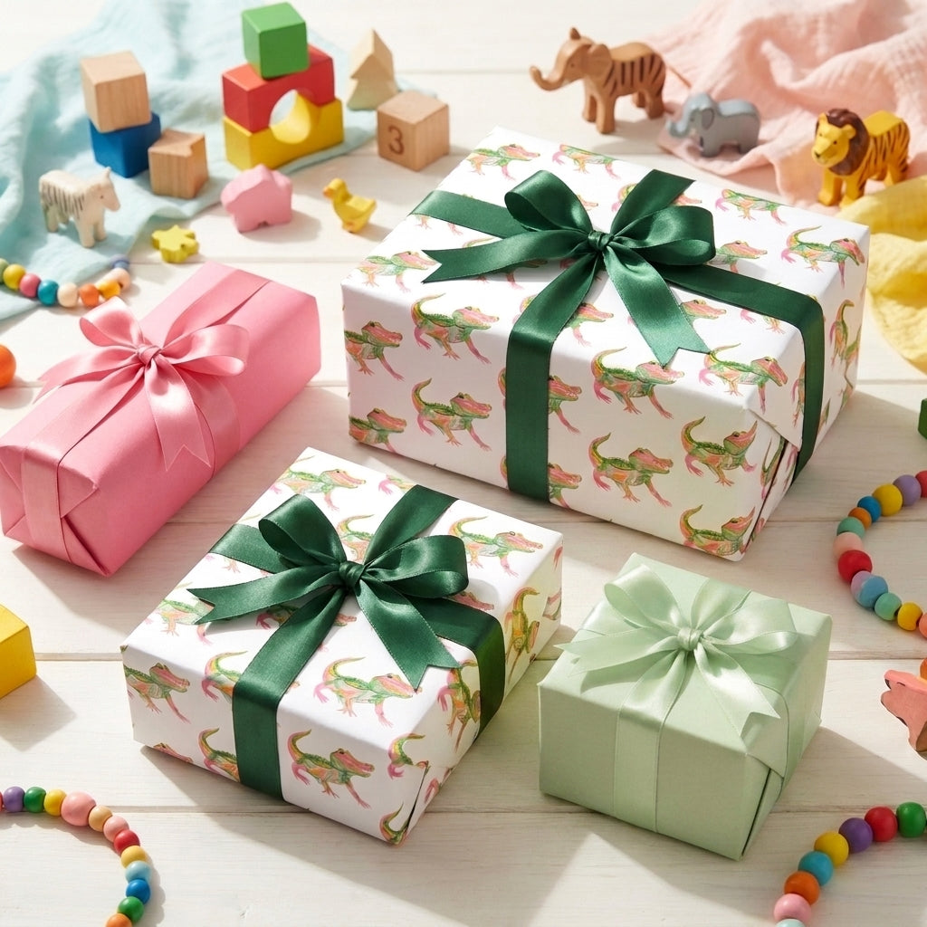 Cute alligator wrapping paper with green satin ribbons on kid's gifts by Wrapped Studios.