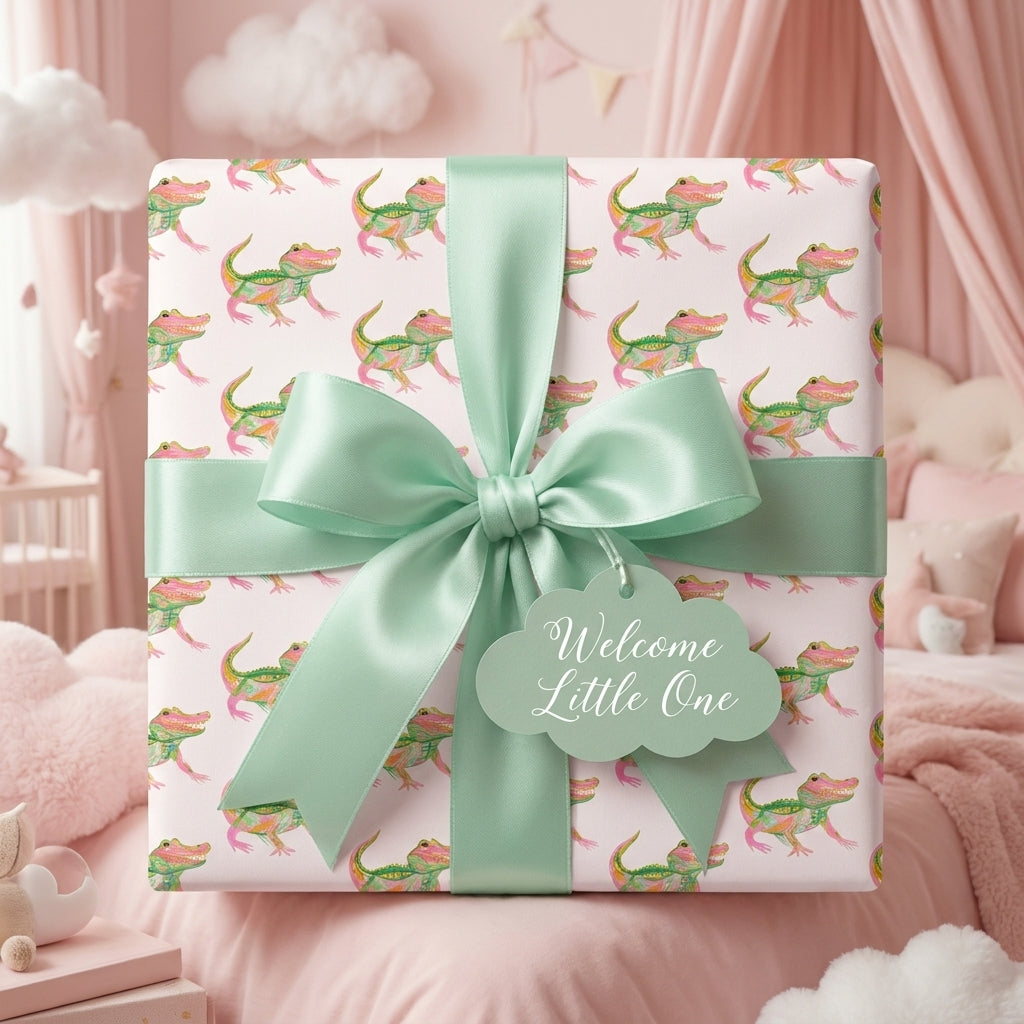 Alligator baby shower wrapping paper with a mint green bow and welcome tag, by Wrapped Studios.
