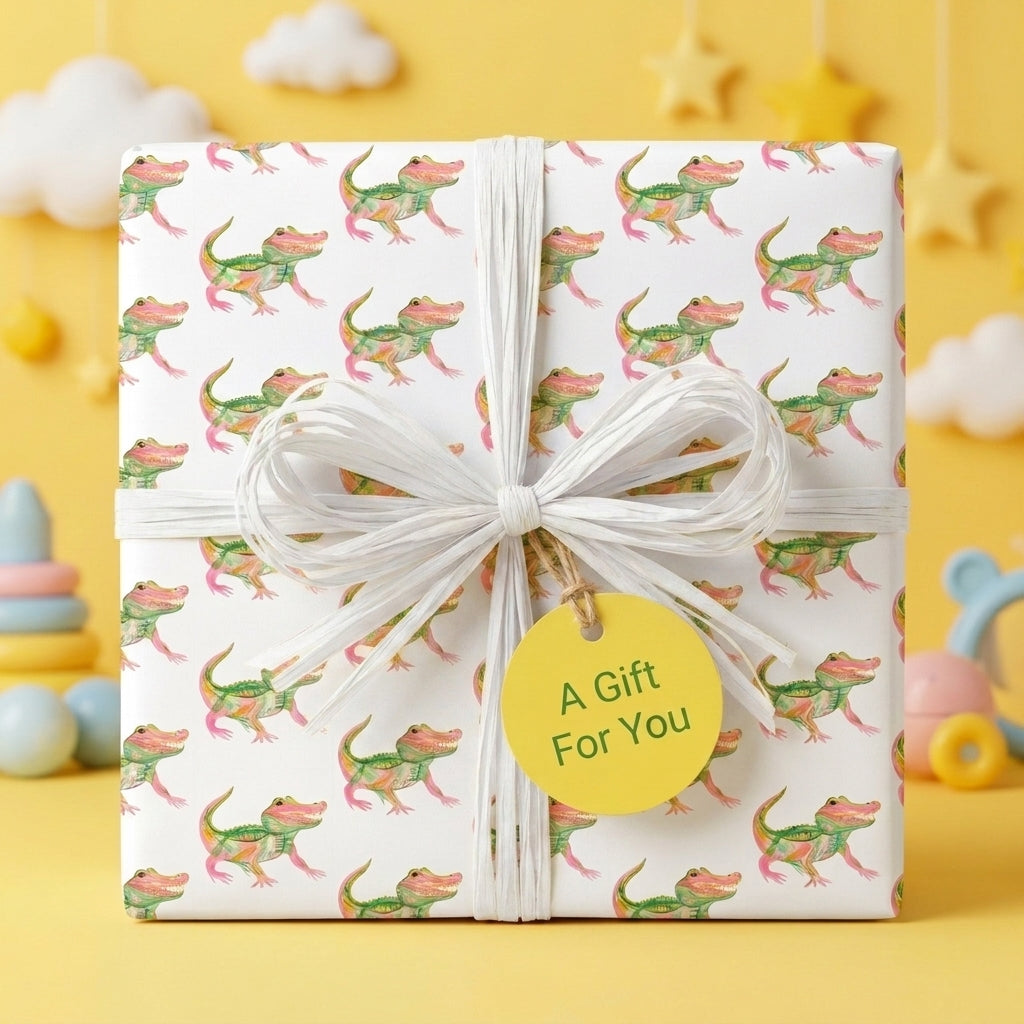 Cute alligator wrapping paper on a baby shower gift box with a white bow, by Wrapped Studios.