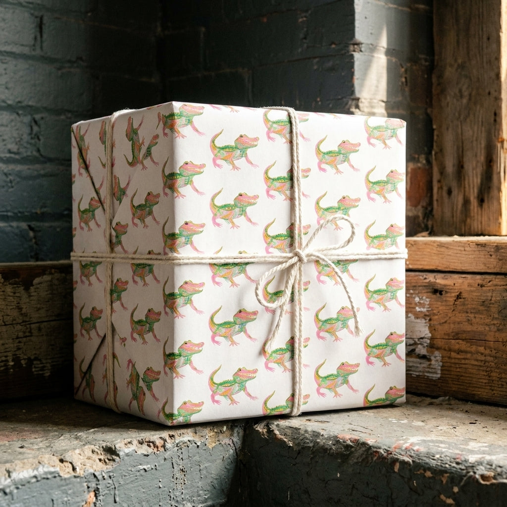 Whimsical crocodile gift wrap by Wrapped Studios on a birthday present tied with rustic twine.