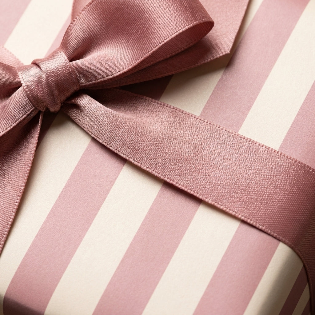 Luxury pink striped wrapping paper with a matching satin bow on a gift box, Wrapped Studios.