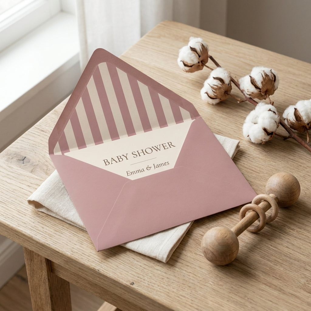 Dusty rose baby shower invitation in striped envelope with boho wooden rattle by Wrapped Studios.