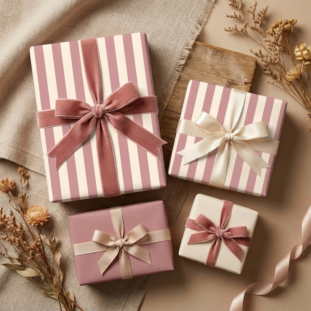 Pink striped luxury wrapping paper and gift boxes with velvet bows by Wrapped Studios.