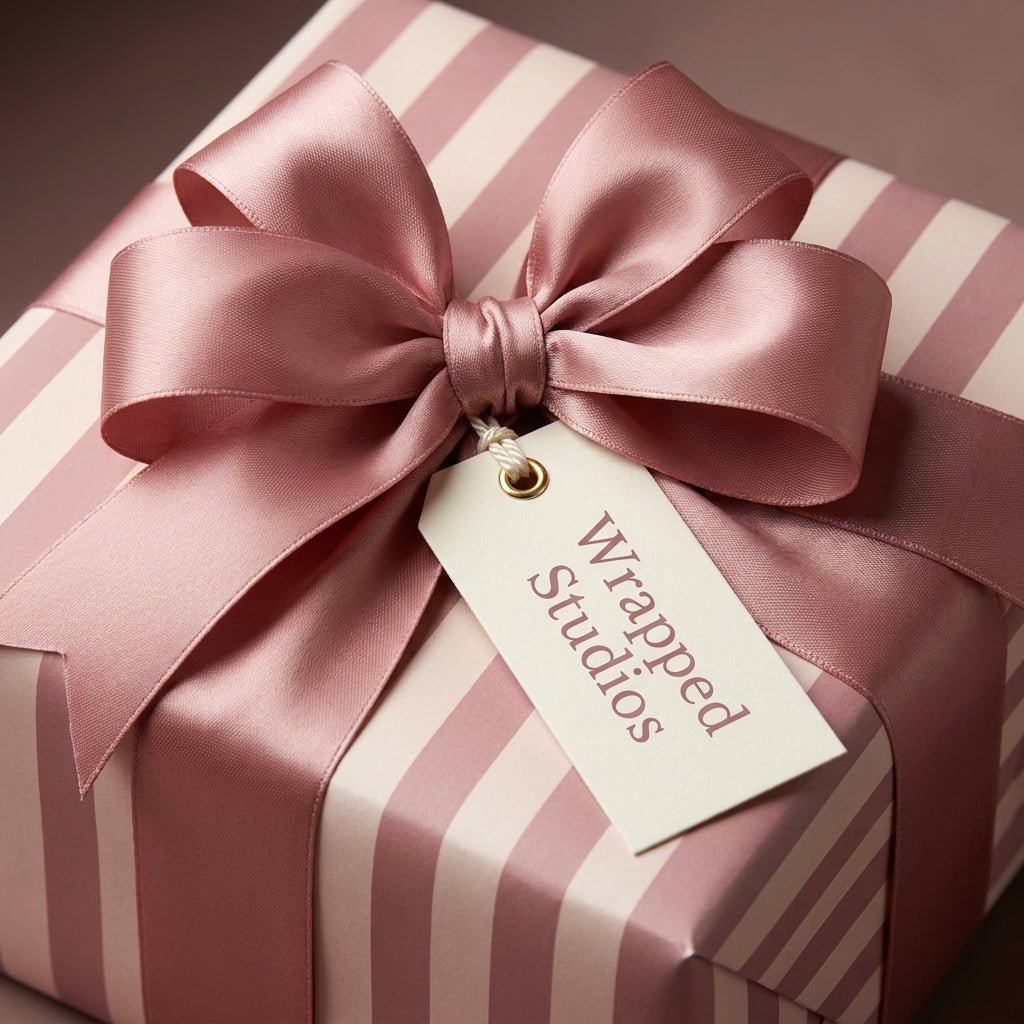 Luxury pink striped wrapping paper with a dusty rose satin bow and Wrapped Studios tag.