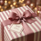 Luxury pink striped wrapping paper with a dusty rose bow and 'With Love' tag by Wrapped Studios.