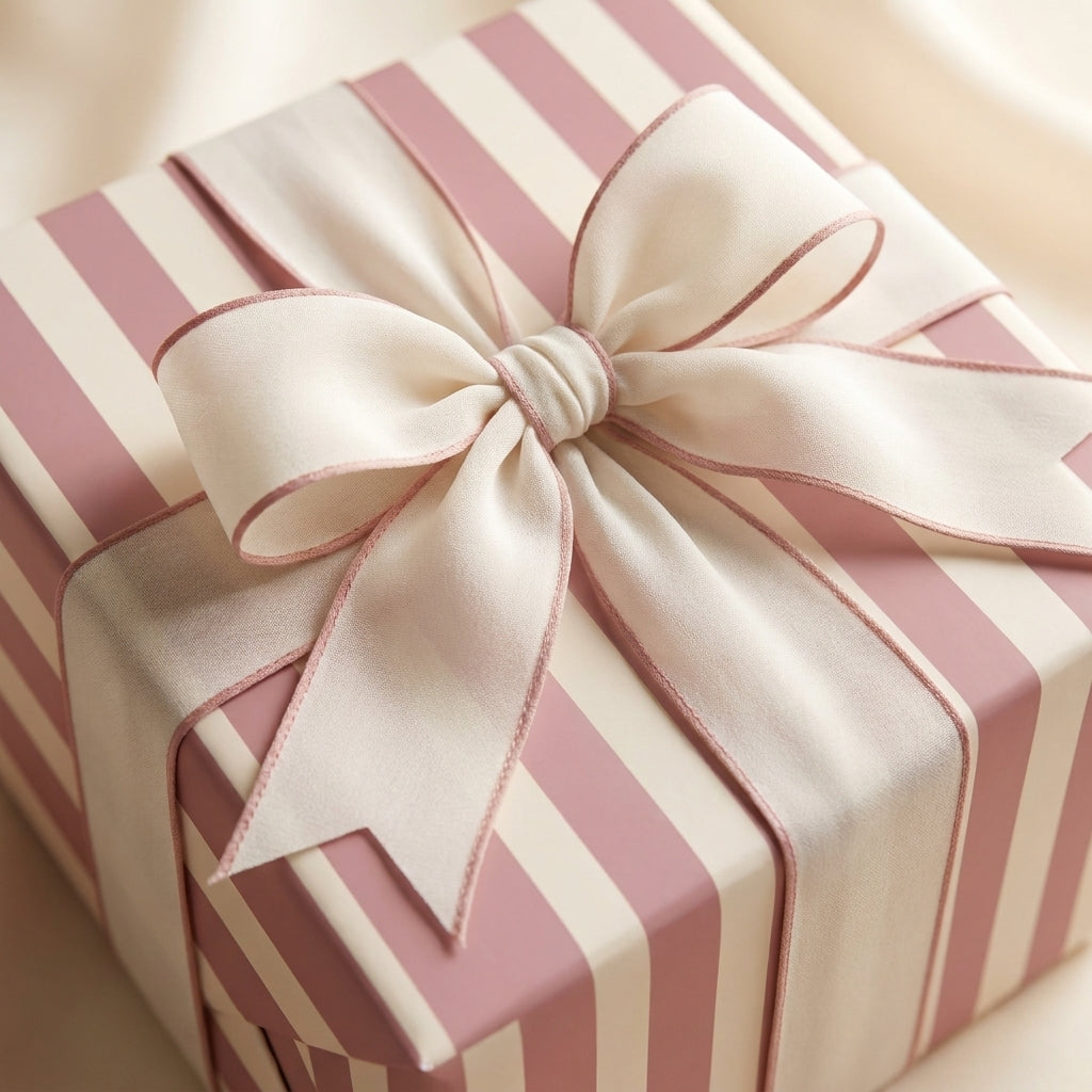 Luxury pink striped wrapping paper with an elegant cream bow on a gift box by Wrapped Studios.