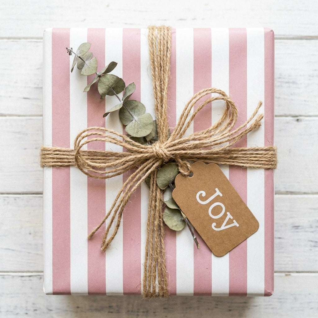 Pink striped wrapping paper with a rustic twine bow and Joy tag on white wood by Wrapped Studios.