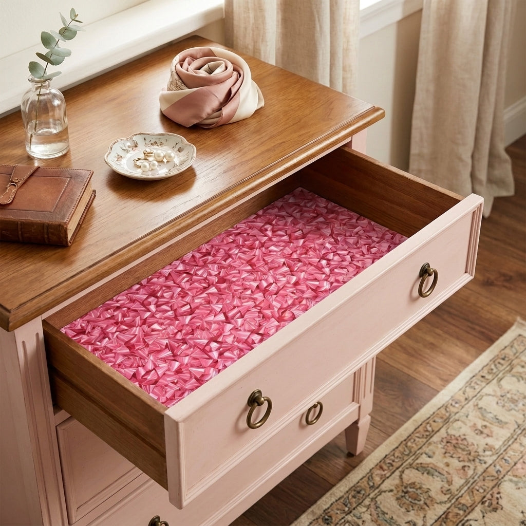 Modern pink geometric wrapping paper lining an elegant wooden dresser drawer by Wrapped Studios.