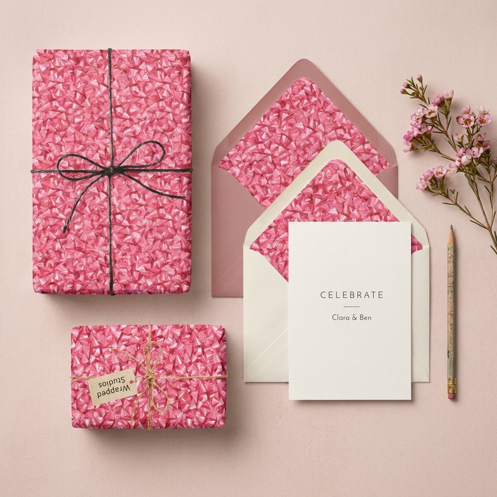 Pink crystal wrapping paper and matching wedding stationery by Wrapped Studios.