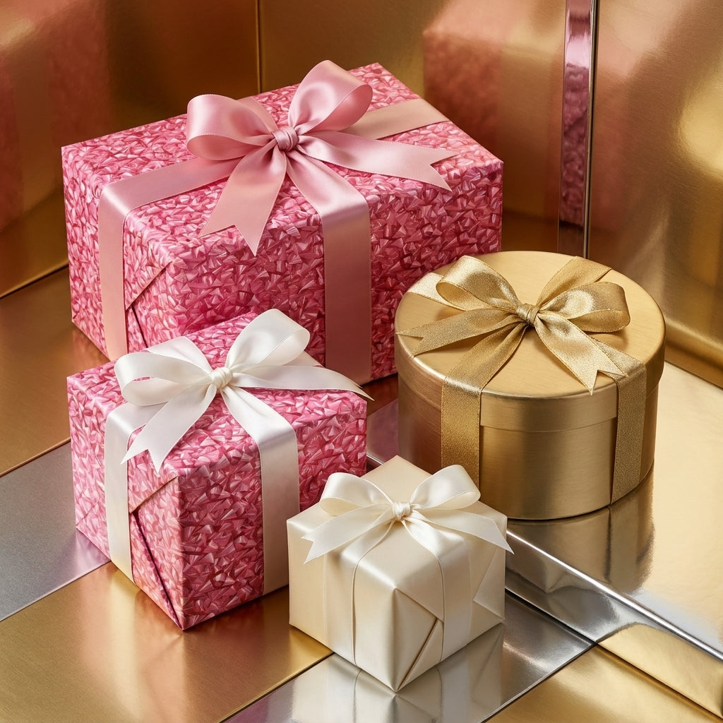 Elegant pink mosaic wrapping paper and luxury gold gift boxes with satin bows by Wrapped Studios.