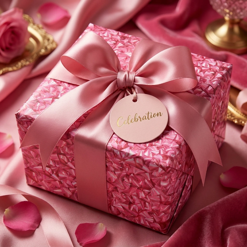 Luxury pink geometric wrapping paper with satin bow and celebration tag by Wrapped Studios.