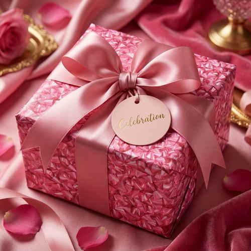 Luxury pink geometric wrapping paper with satin bow and celebration tag by Wrapped Studios.