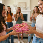 Friends exchanging a gift wrapped in cute pink birthday wrapping paper with gold ribbon, by Wrapped Studios.