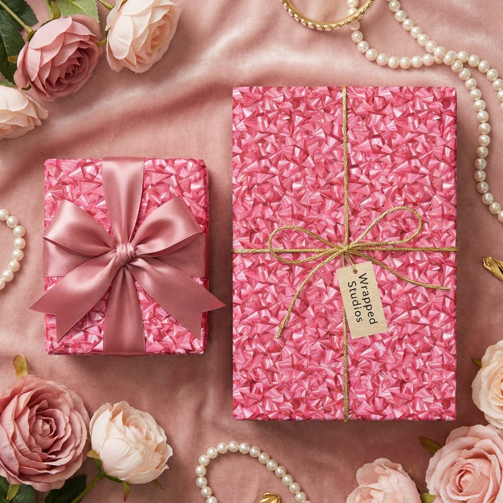Luxury pink geometric wrapping paper on elegant birthday gifts with roses and ribbons by Wrapped Studios.