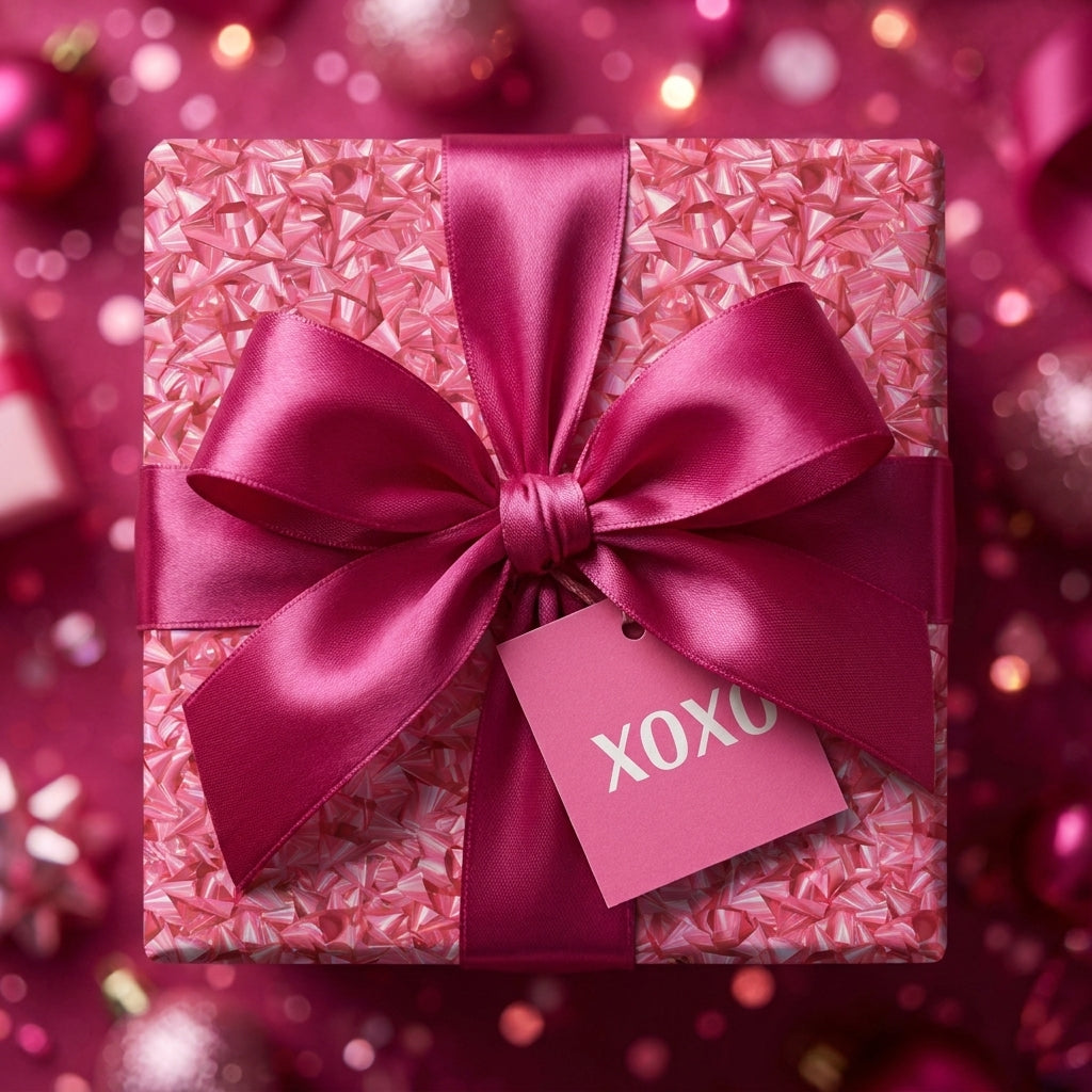 Pink crystal Valentine's Day wrapping paper with a magenta bow and XOXO tag by Wrapped Studios.
