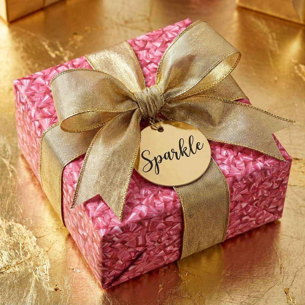 Pink luxury gift wrap on a square box with a gold ribbon and "Sparkle" tag by Wrapped Studios.