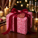 Luxury pink wrapping paper with a red velvet bow on a romantic candlelit table by Wrapped Studios.