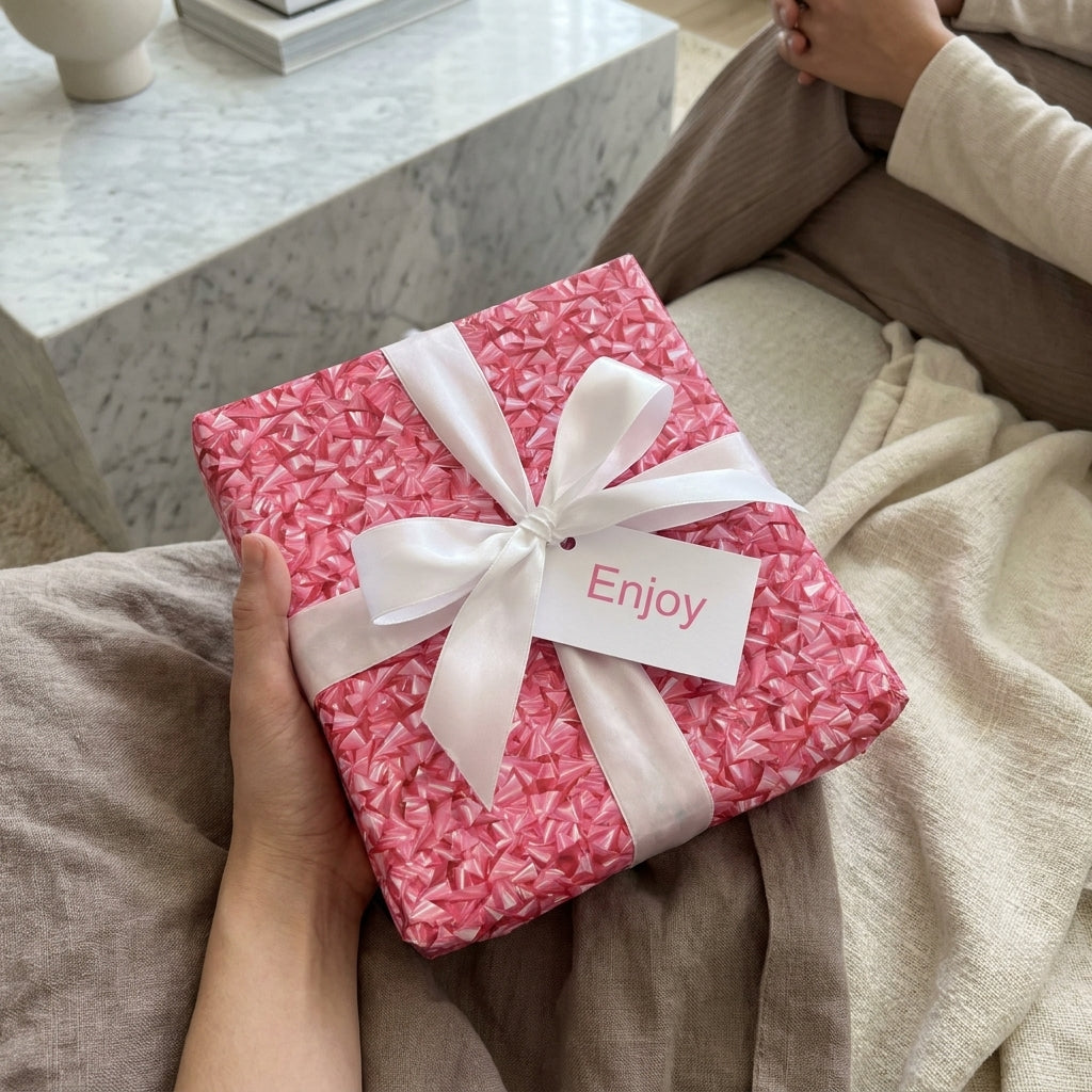 Pink bow pattern wrapping paper with white satin ribbon and "Enjoy" tag by Wrapped Studios.