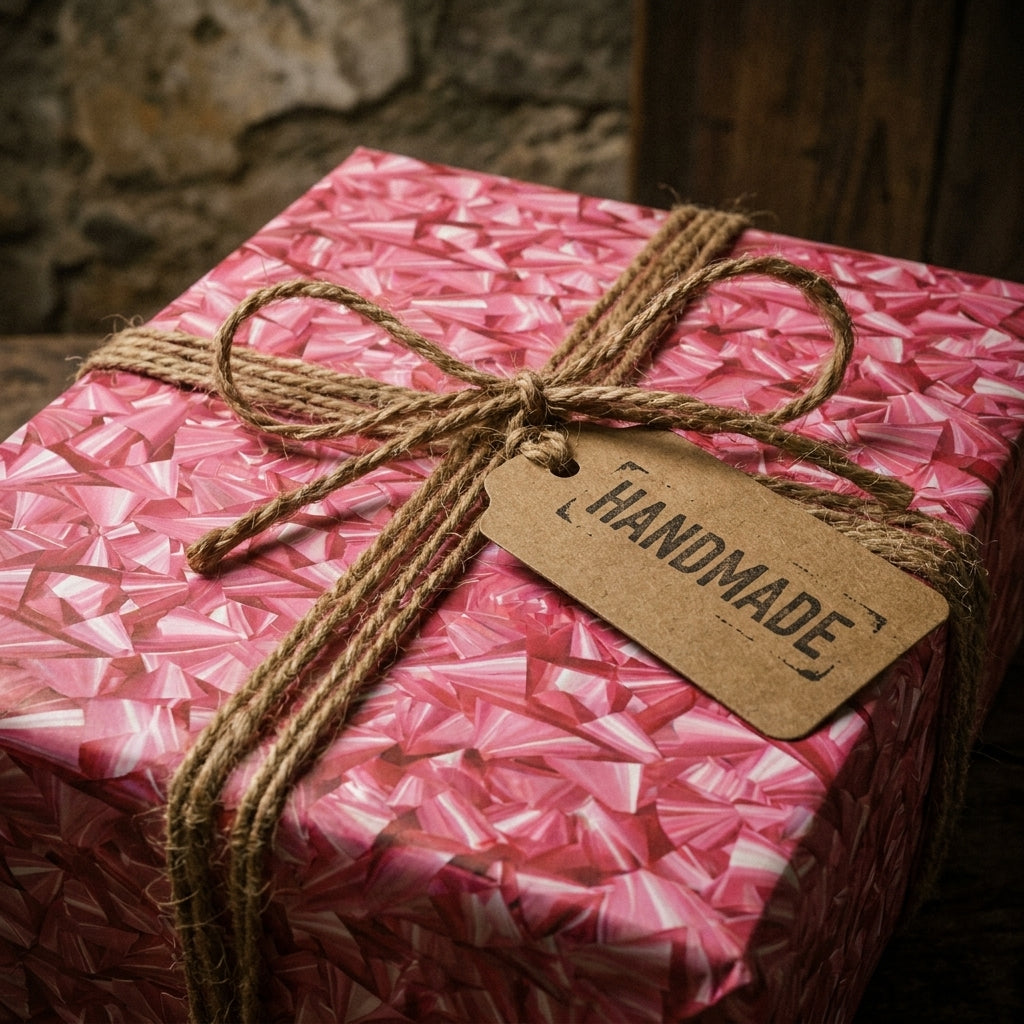 Pink geometric wrapping paper by Wrapped Studios, tied with a rustic twine bow and handmade gift tag.