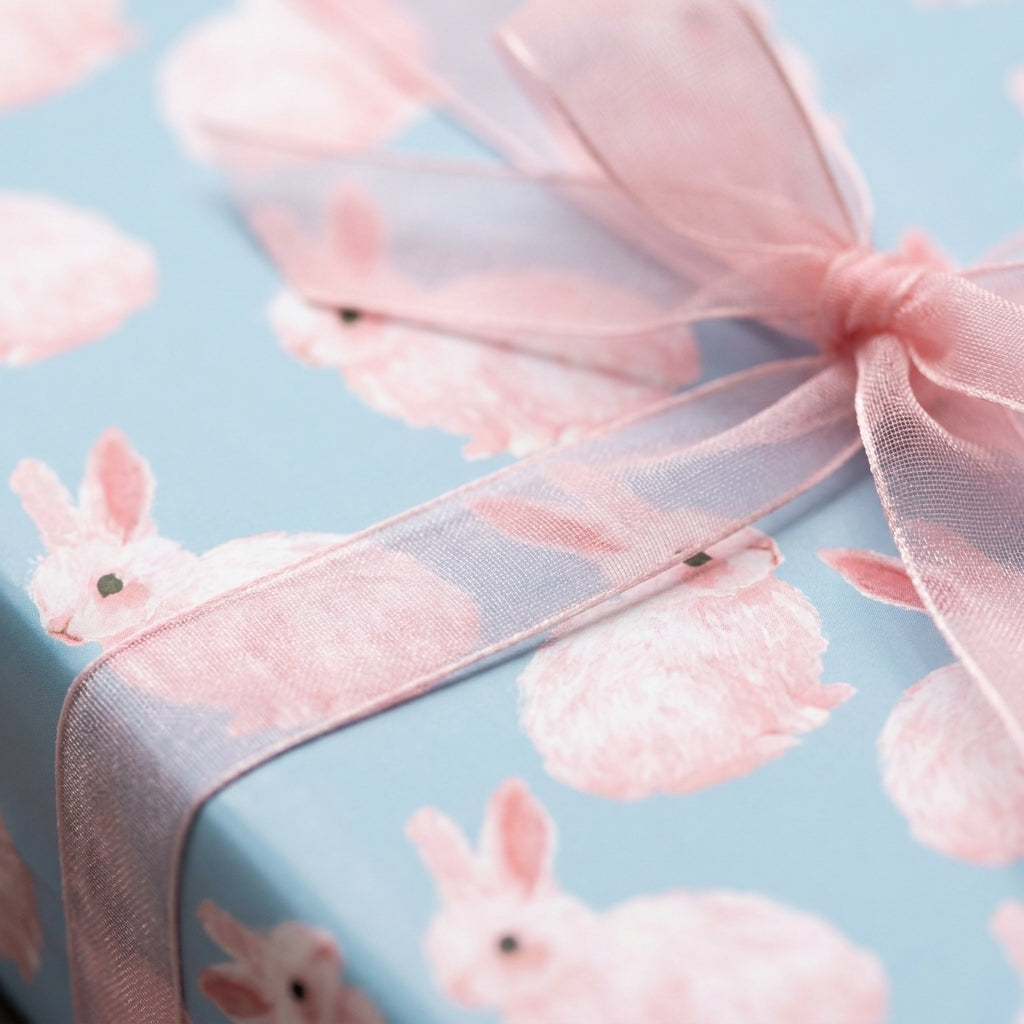 Cute pink bunny wrapping paper with a sheer ribbon for baby shower or Easter gifts by Wrapped Studios.